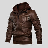 A dark brown faux leather hooded jacket with a full zip front, zippered chest pocket, and ribbed cuffs and hem, shown on a solid gray background.