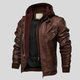 Side profile of men's leather bomber jacket showing removable hood