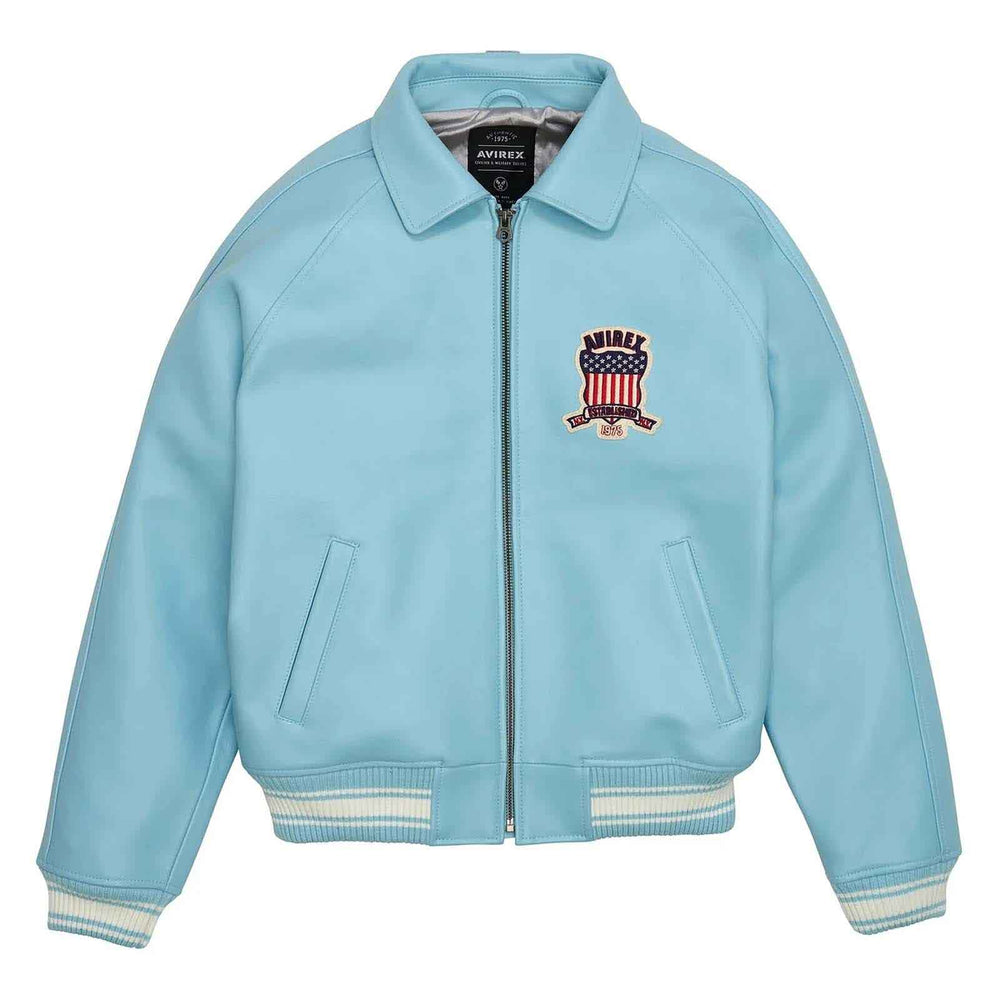 Light blue jacket with a logo on the chest against a white background