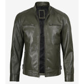 Men's olive green cafe racer motorcycle jacket, front view