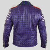 Back view of men's purple leather biker jacket with cone studs
