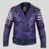 Men's purple studded leather biker jacket with spikes, front view