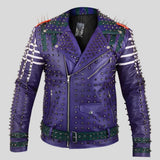 Men's purple studded leather biker jacket with spikes, front view