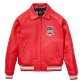 Red leather jacket with Avirex logo on a white background