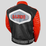 Black and red leather jacket shown from the back, featuring a large 'CASINO' graphic on a silver shield-shaped patch with white studs, set against a solid gray background.