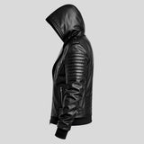 Side profile of men's leather jacket showing oversized hood