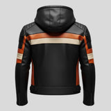 Back view of men's hooded motorcycle jacket with color-block panels