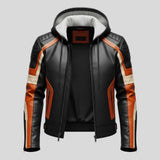 Men's black and orange street bike motorcycle jacket, front view
