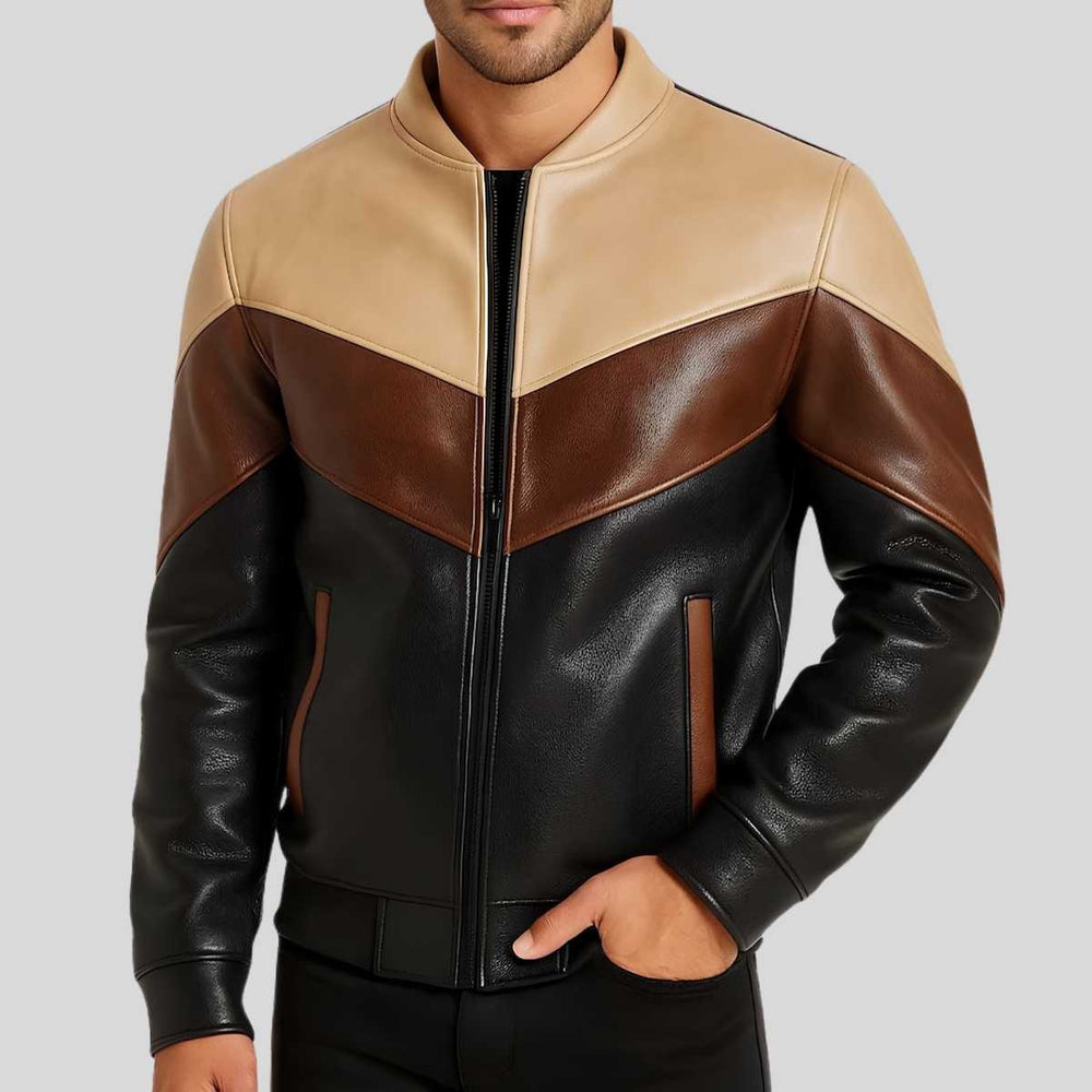 Men's three-tone leather aviator jacket, front view