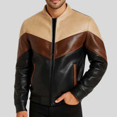 Men's three-tone leather aviator jacket, front view