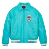 Turquoise jacket with a logo on a white background