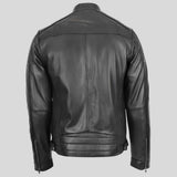 Back view of men's black leather cafe racer jacket