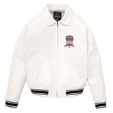 White jacket with black accents and a logo on a white background