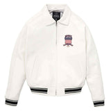 White jacket with black accents and a logo on a white background