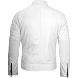 Back view of men's white leather cafe racer jacket