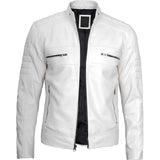 Premium white cafe racer leather jacket for men, front zipper view