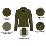 An olive green faux-suede motorcycle jacket centered on a white background, surrounded by five circular detail callouts with text labels: 'Cow Suede Leather,' 'Lapel Collar Style,' '100% Plain Polyester Inside Lining,' 'Original YKK Zip,' and 'Zipped Cuff Style.'.