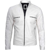 Premium white cafe racer leather jacket for men, front view