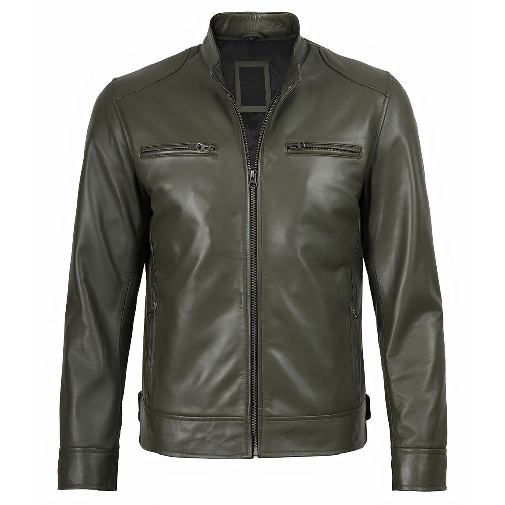 An olive green faux leather jacket with a full zip front, stand-up collar, and two zippered chest pockets, shown on a plain white background.