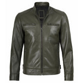 An olive green faux leather jacket with a full zip front, stand-up collar, and two zippered chest pockets, shown on a plain white background.