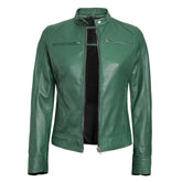 Women's olive green leather biker jacket with stand collar, front view