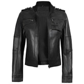 Women's black cafe racer leather jacket with stand collar, front view