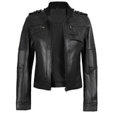 Women's black cafe racer leather jacket with stand collar, front view
