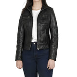 Woman wearing black cafe racer leather jacket with dark jeans