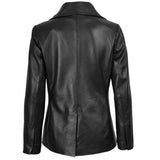 Black leather jacket shown from the back, featuring a structured collar, long sleeves, and a central seam running down the back, photographed against a solid white background.