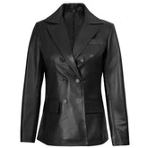 Front view of women's black leather blazer with wide notch lapel and double-breasted button closure