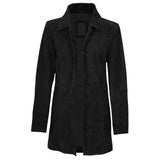 A black longline coat with a wide collar and front button closure, shown on a plain white background.