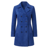 A royal blue double-breasted coat with a notched lapel collar and dark buttons, shown against a plain white background.