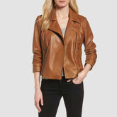 Women's brown cafe racer leather jacket, front view