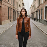 Women's brown quilted cafe racer leather jacket, front view