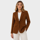 Women's brown suede blazer with notch lapel, front view