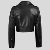 Back view of women's slim-fit cropped leather biker jacket