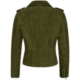 Back view of women's olive suede moto jacket