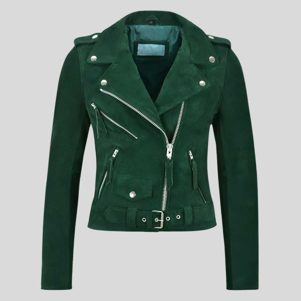 Women's green suede biker jacket, front view