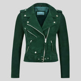 Women's green suede biker jacket, front view