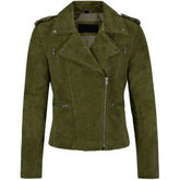 Women's green suede biker jacket with notch collar, front view