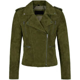 Women's green suede biker jacket with notch collar, front view