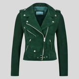 Women's green suede biker jacket, front view