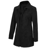 A black longline trench coat with a wide collar and front button closure, shown on a plain white background.
