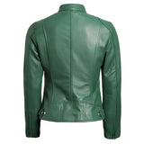 Back view of women's fitted green leather moto jacket