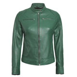 up: Close-up of stand collar and zip pocket on olive green leather jacket