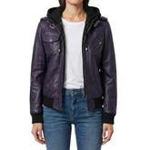 Women's purple real leather jacket with removable hood, front view