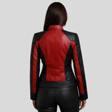 Back view of women's two-tone leather moto jacket