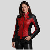Woman wearing red and black leather bomber jacket
