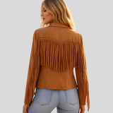 Back view of women's suede fringe jacket with lapel collar