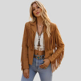 Women's brown suede fringe western jacket, front view